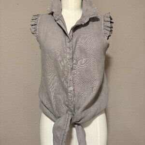 Venti6 Blouse Cap Ruffle Sleeve Tie Front Linen TAUPE Size Small